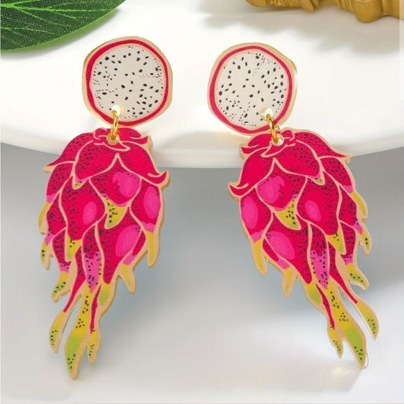 DRAGON FRUIT food summer whimsical novelty fun cute earrings - Picture 3 of 6